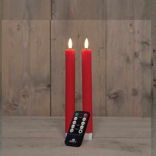 Anna's Collection Dinerkaars Ribbel Rustiek, Wax Op Batterij Met Afstandsbediening 23Cm Rood 2 Stuks