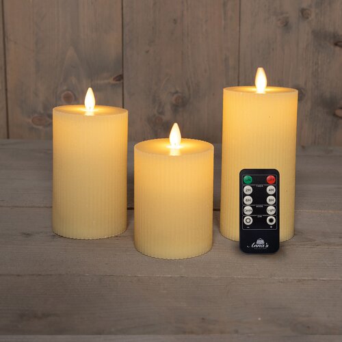 Anna's Collection Stompkaars Ribbel Wax Led Bewegende Vlam Met Afstandsbediening Set Van 3 D7.5H10/1