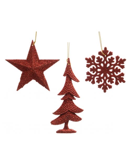 Decoris Hanger Plastic Glitter 3Ass Kerstrood assorted