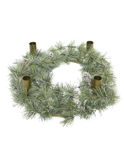 Decoris snowy hardneedle wreath candleholders d60cm green/white - afbeelding 1